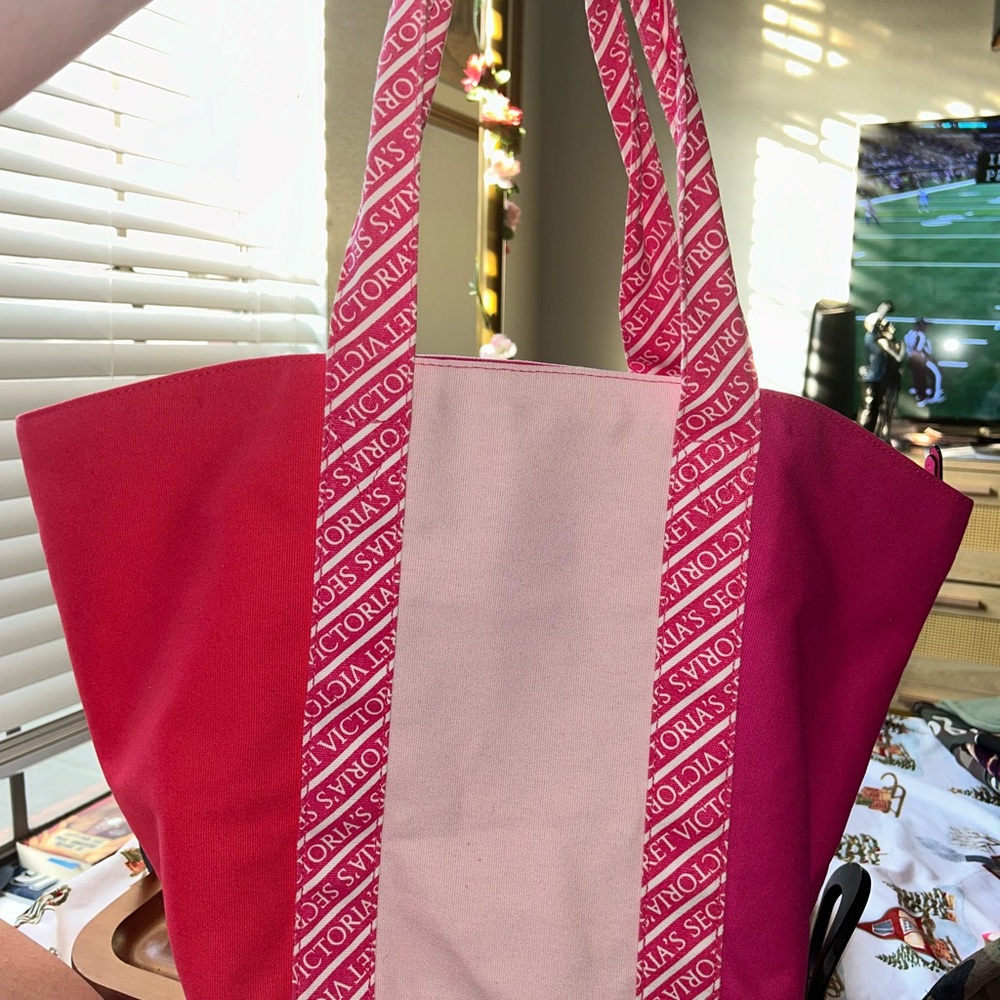Victoria's Secret Pink and Red Canvas Tote Bag with Bold Straps